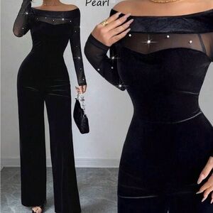 Elegant Black Straight Leg with pearls Jumpsuit